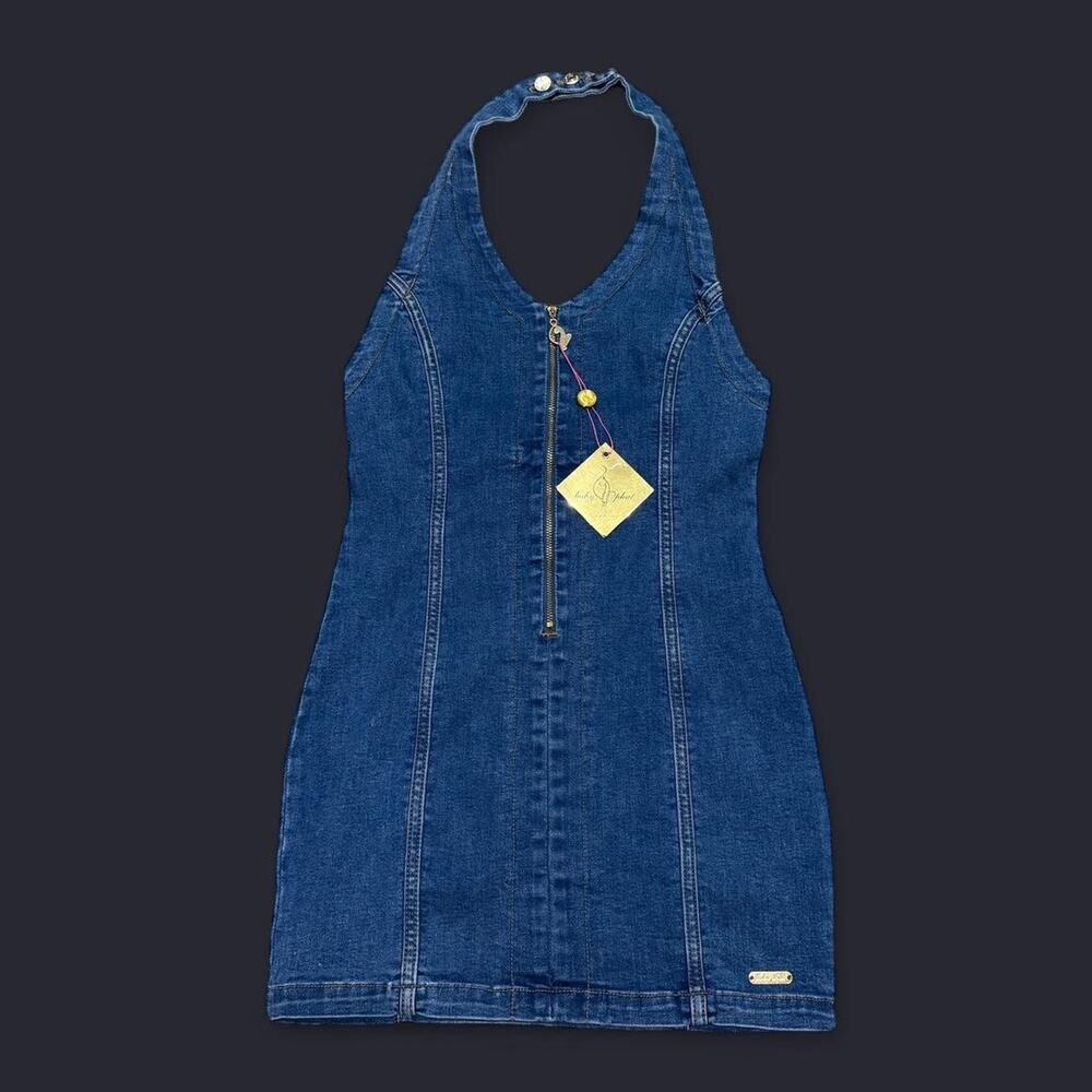 NWT Baby Phat Blue Denim & Gold Hardware Halter Neck Backless Mini Dress M - Picture 6 of 8